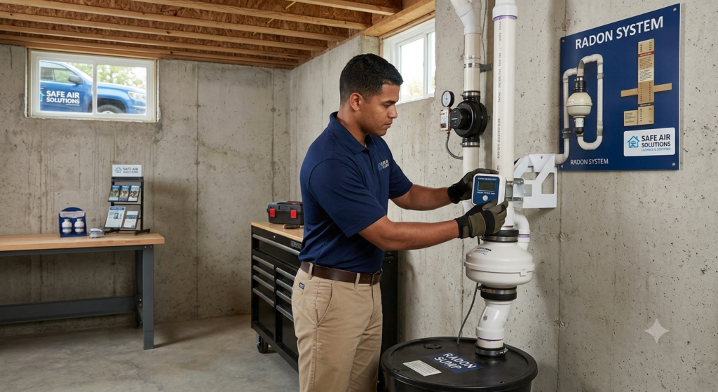 radon mitigation Elgin IL technician installing system